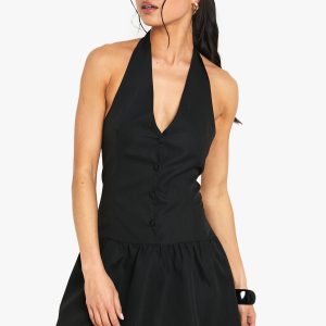 Halterneck Button Down Smock Dress