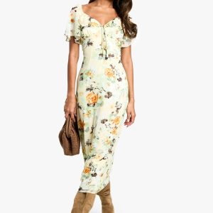 Floral Angel Sleeve  Midaxi Dress