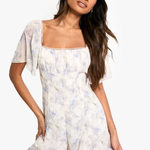 Floral Printed Milkmaid Godet Hem Playsuit