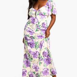 Plus Ruffle Printed Floral Detail Short Sleeve Printed Maxi Dress