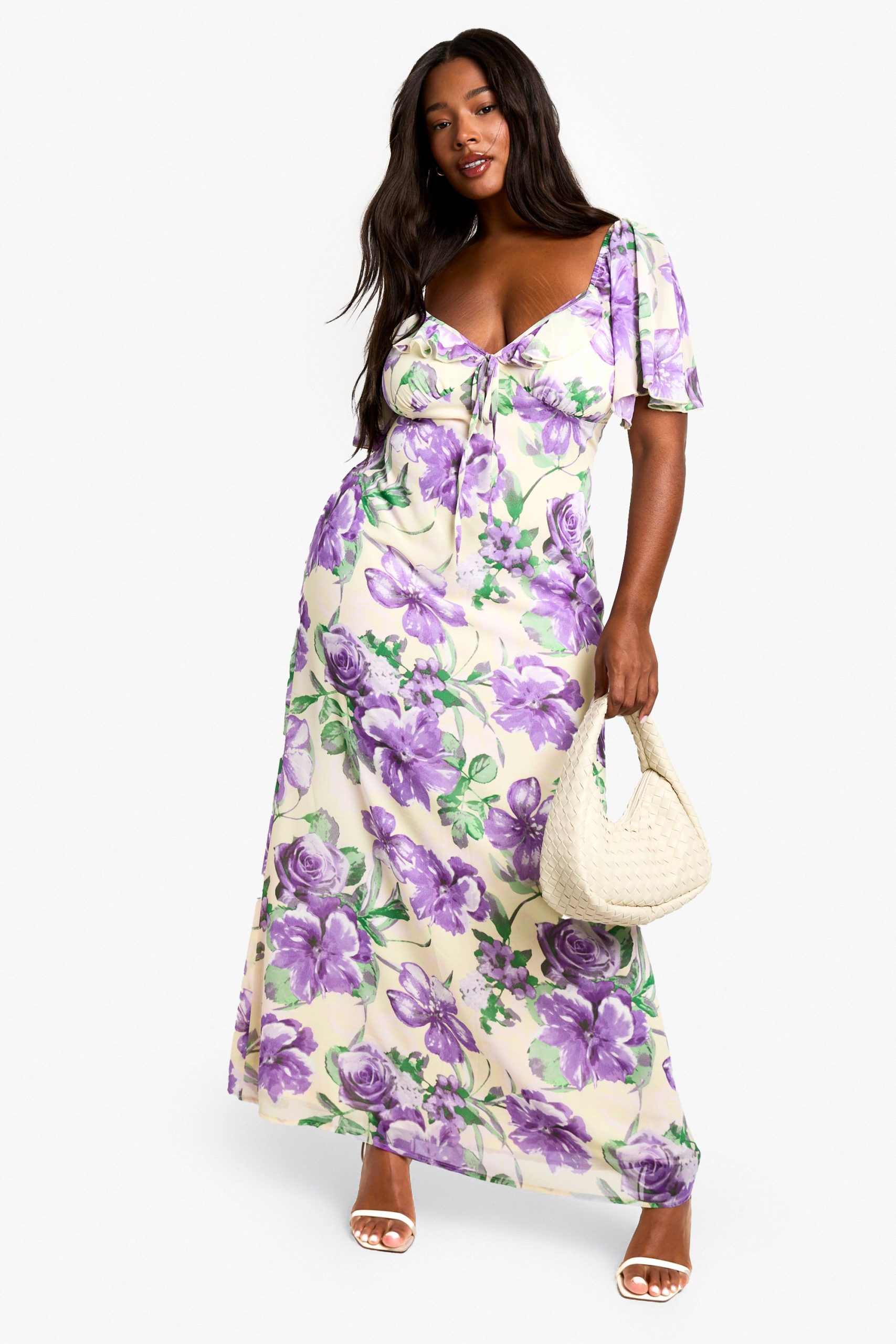 Plus Ruffle Printed Floral Detail Short Sleeve Printed Maxi Dress - Image 3