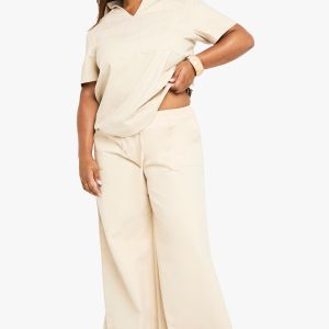 Plus Cotton Twill Drawstring Waist Wide Leg Trouser