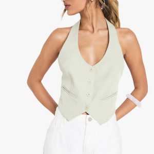 Woven Tailored Halterneck Open Back Waistcoat