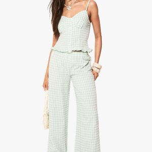 Gingham Turn Up Hem Wide Leg Trousers