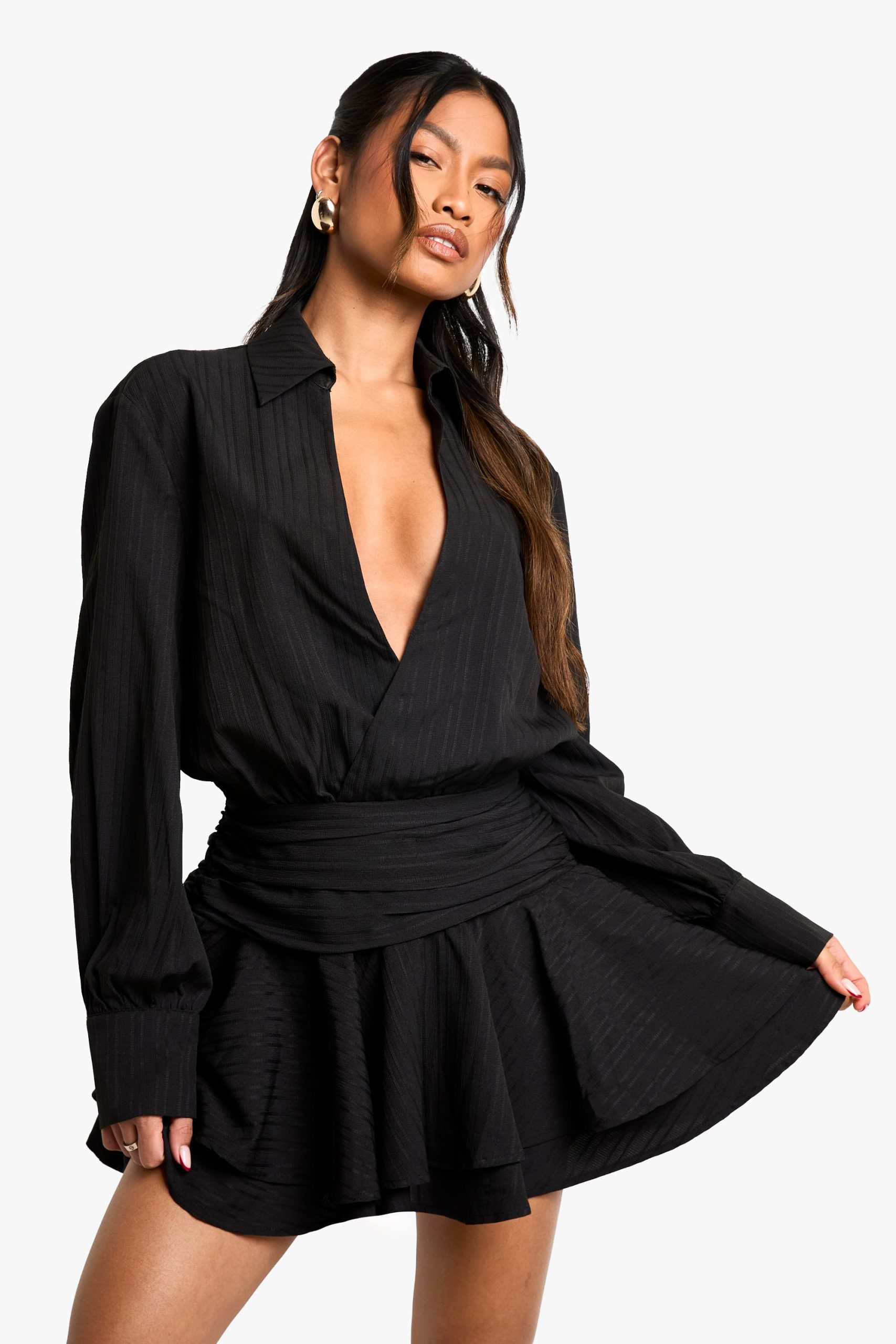 Textured Ruched Frill Skirt Mini Dress