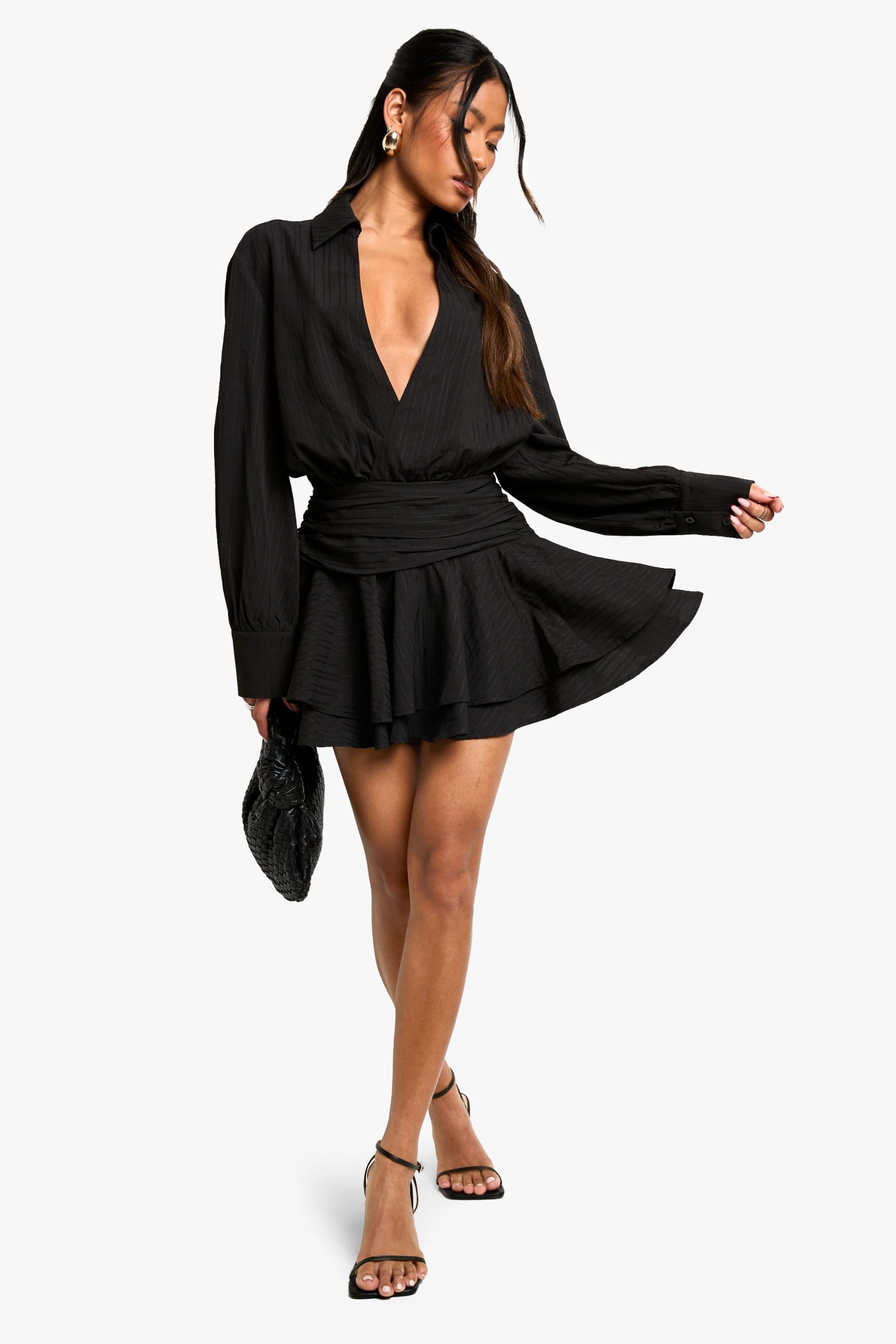 Textured Ruched Frill Skirt Mini Dress - Image 3