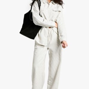 Striped Peached Drawstring Waist Wide Leg Trouser
