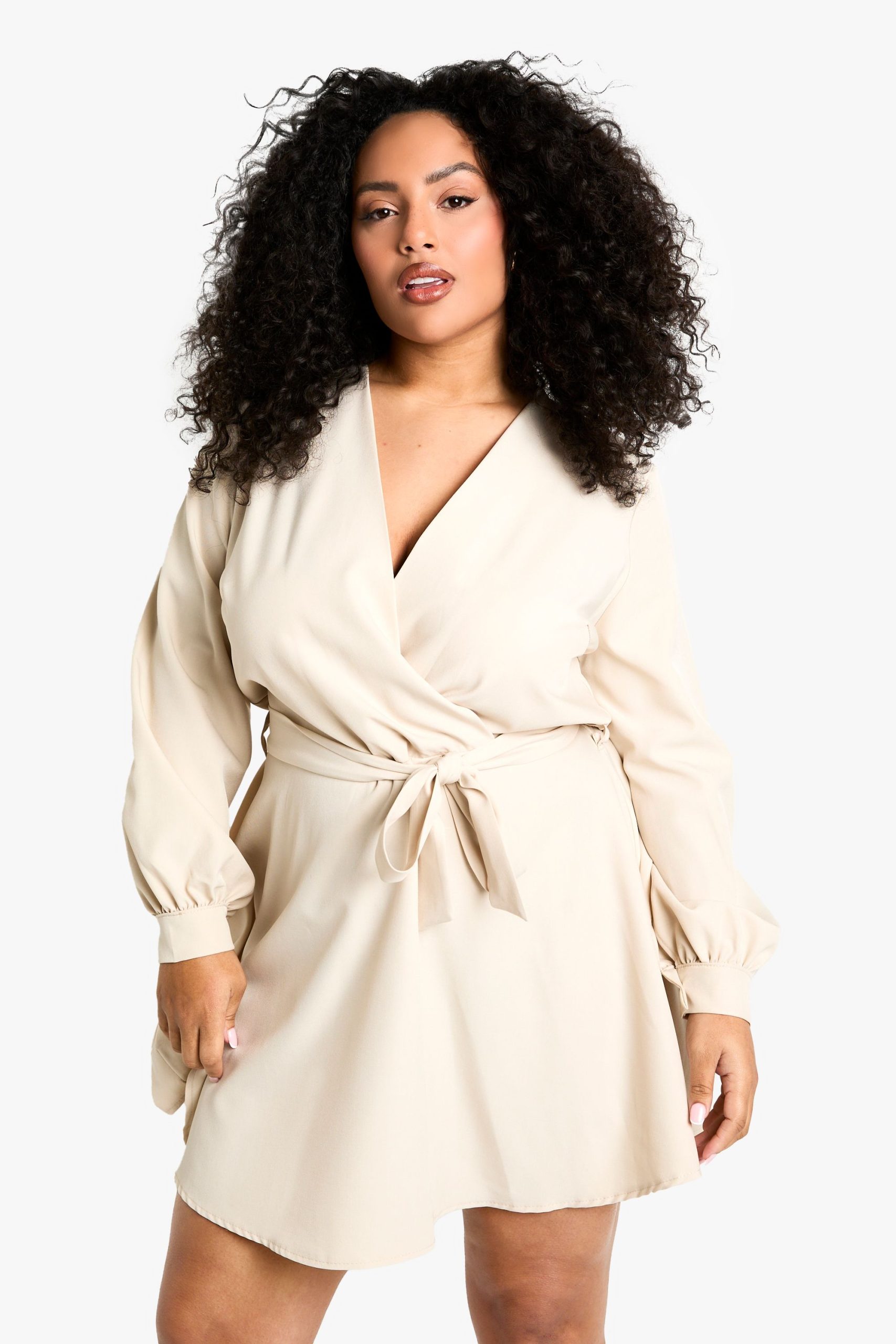 plus blouson sleeve mini wrap dress