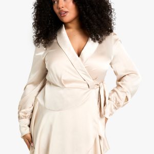 plus satin wrap skater dress