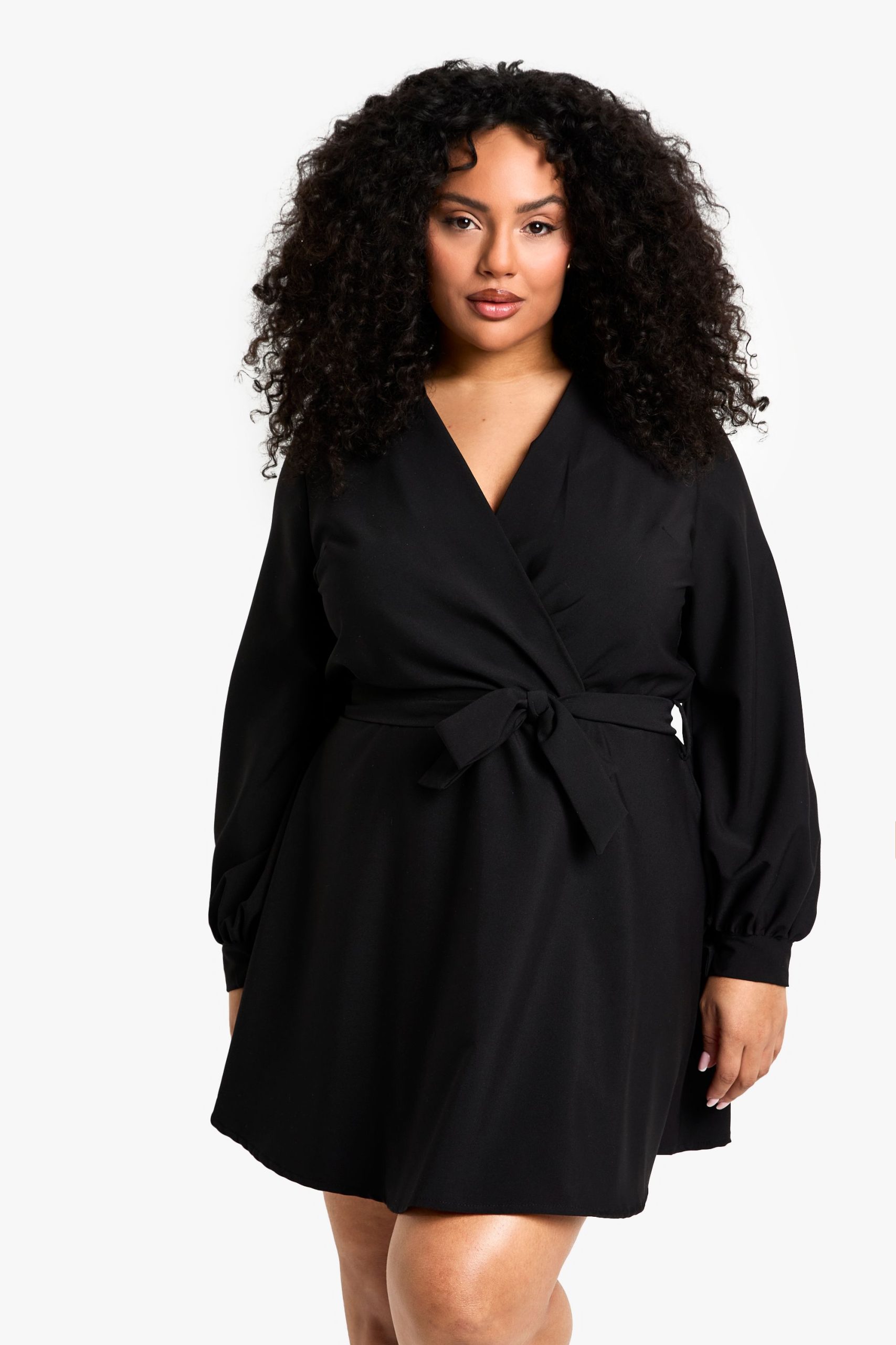 plus blouson sleeve mini wrap dress