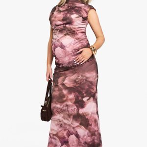 Maternity Abstract Ruched Mesh Maxi Dress
