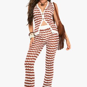 Stripe Crochet Knitted Wide Leg Trouser