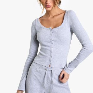 Ribbed Popper Detail Long Sleeve Top