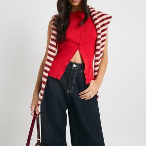Ribbed Button Front Longline Top