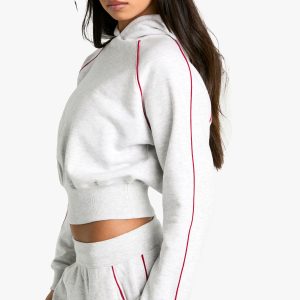 Contrast Piping Detail Crop Hoodie