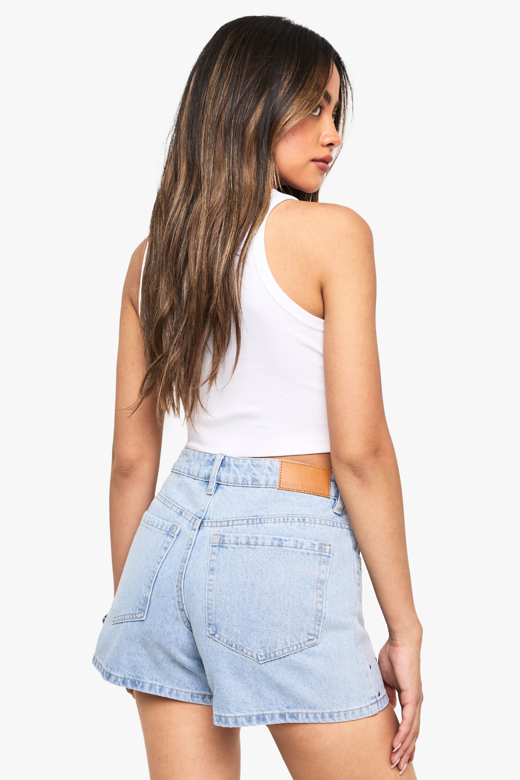 High Waist Studded Denim Shorts - Image 2
