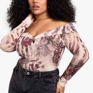 Plus Off The Shoulder Printed Bodysuit