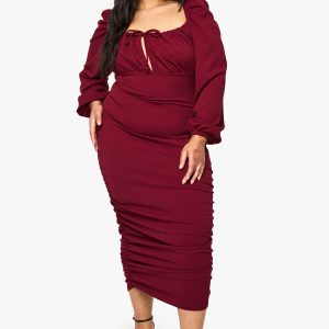 plus blouson sleeve ruched midi dress