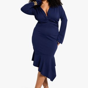 Plus Asymmetric Plunge Midi Dress