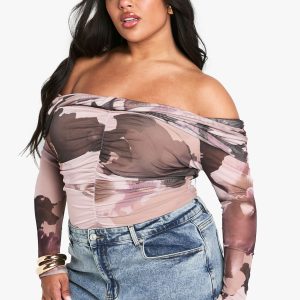 Plus Bardot Ruched Detail Long Sleeve Bodysuit