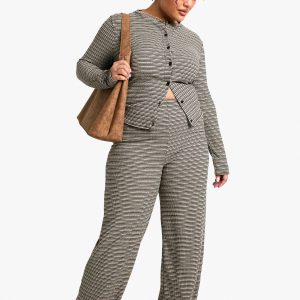 Plus Rib Tie Waist Stripe Trousers