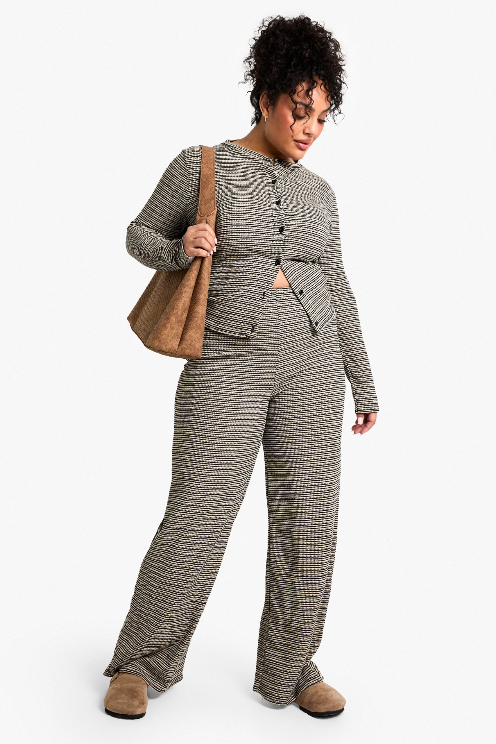 Plus Rib Tie Waist Stripe Trousers