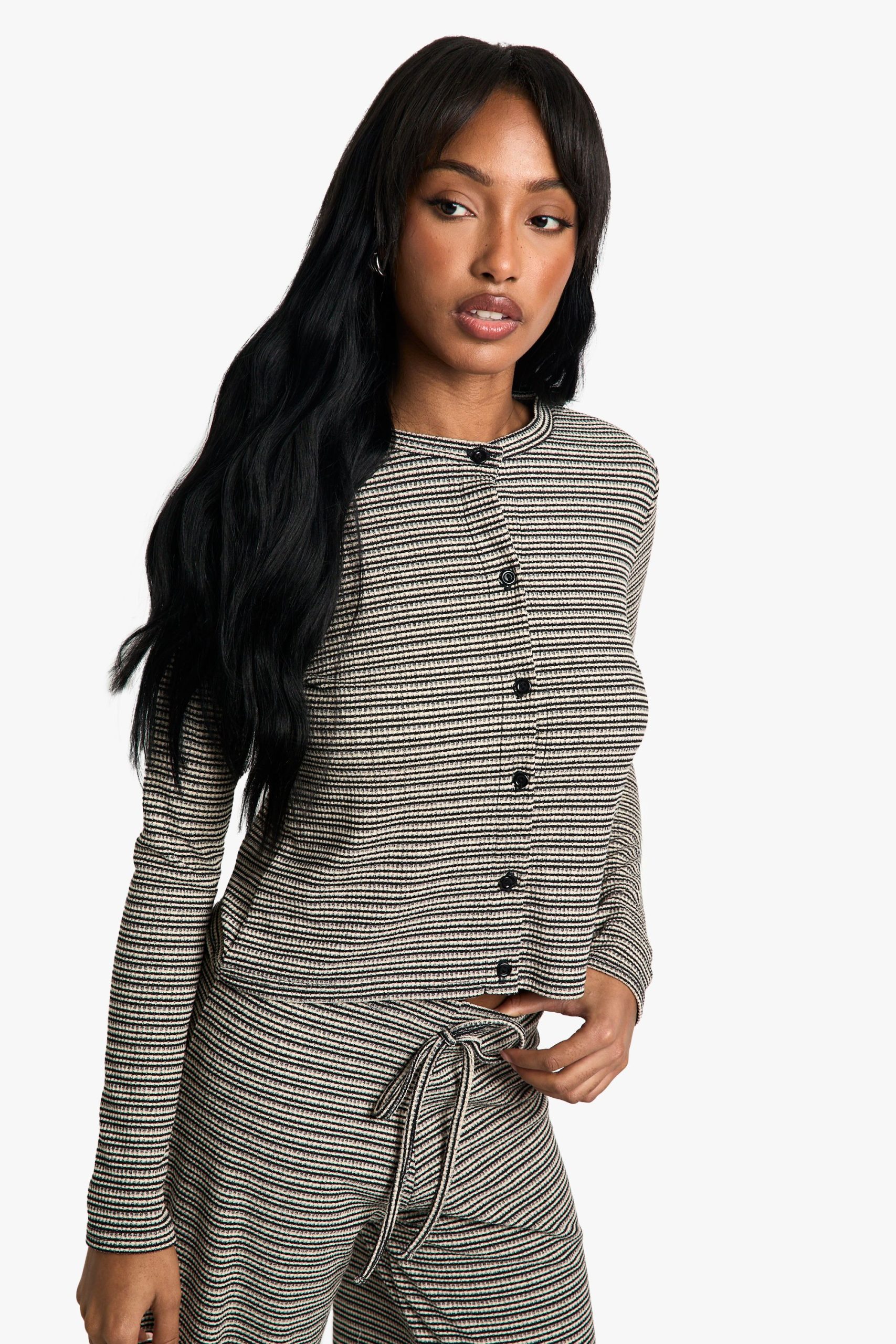 Striped Jersey Button Through Long Sleeve Top - Image 4