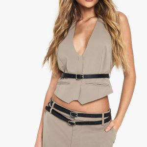 Woven Tailored Halterneck Belted Waistcoat