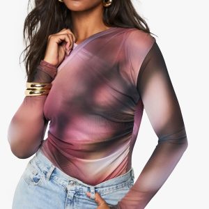 Printed Mesh Cross Over Bodysuit
