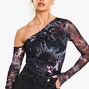 Petite Printed Mesh Asym Shoulder Bodysuit