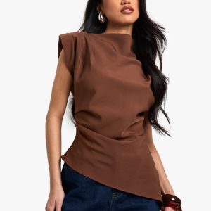 Gathered Shoulder Pad Asymmetric Blouse