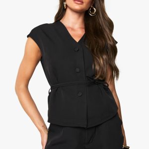 Tailored Belted Cap Sleeve Waistcoat