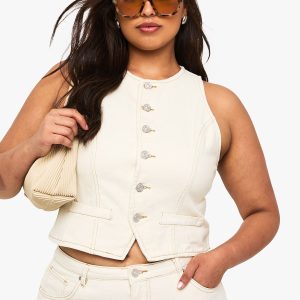 Plus Ecru High Neck Denim Waistcoat