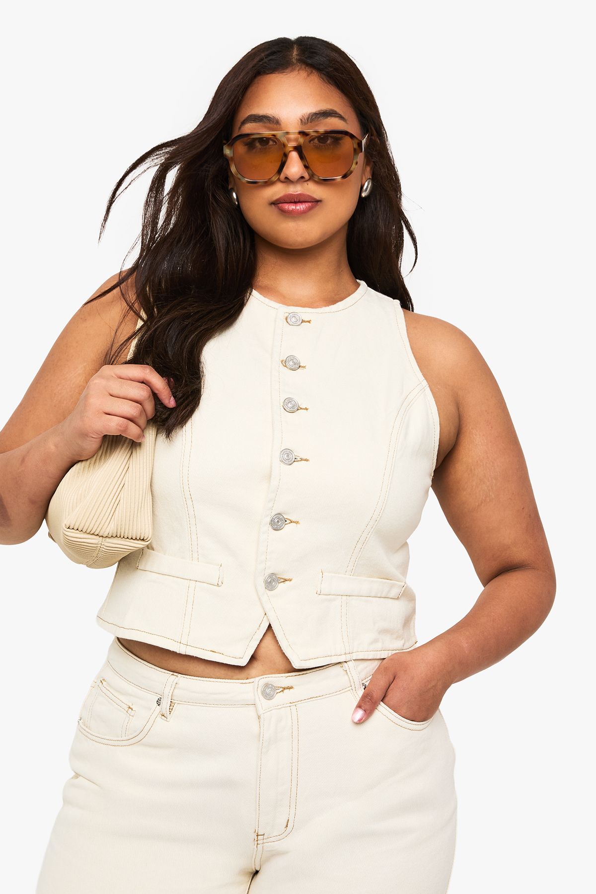 Plus Ecru High Neck Denim Waistcoat