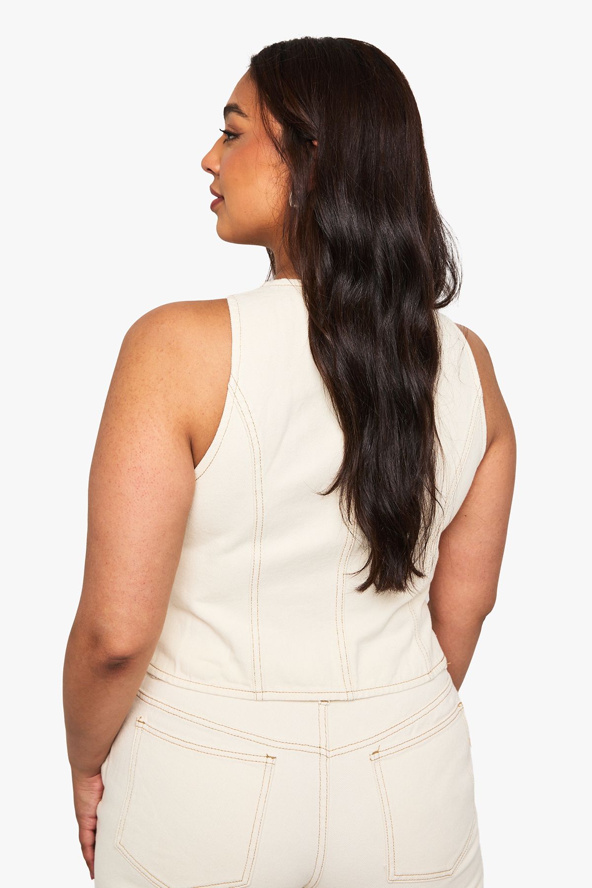 Plus Ecru High Neck Denim Waistcoat - Image 2