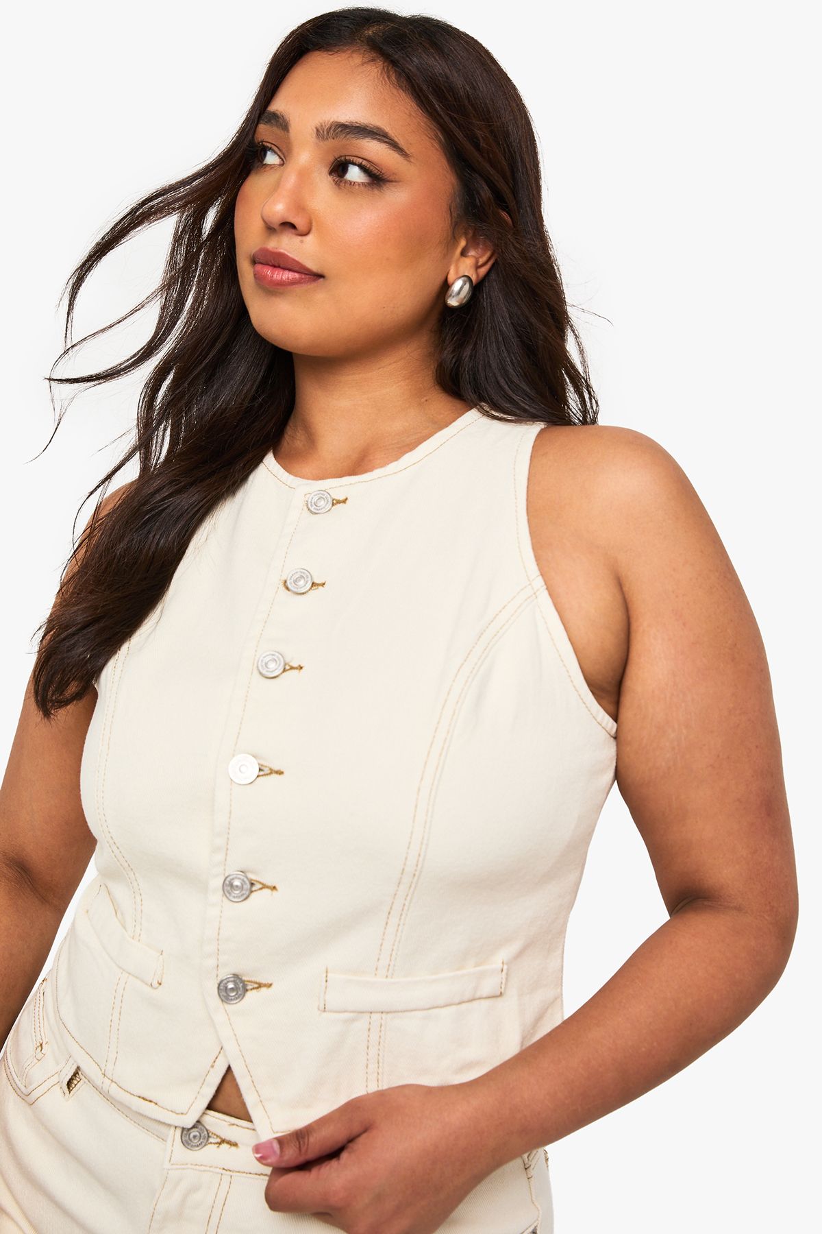 Plus Ecru High Neck Denim Waistcoat - Image 3