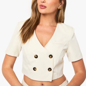 Contrast Button Collarless Cropped Blazer