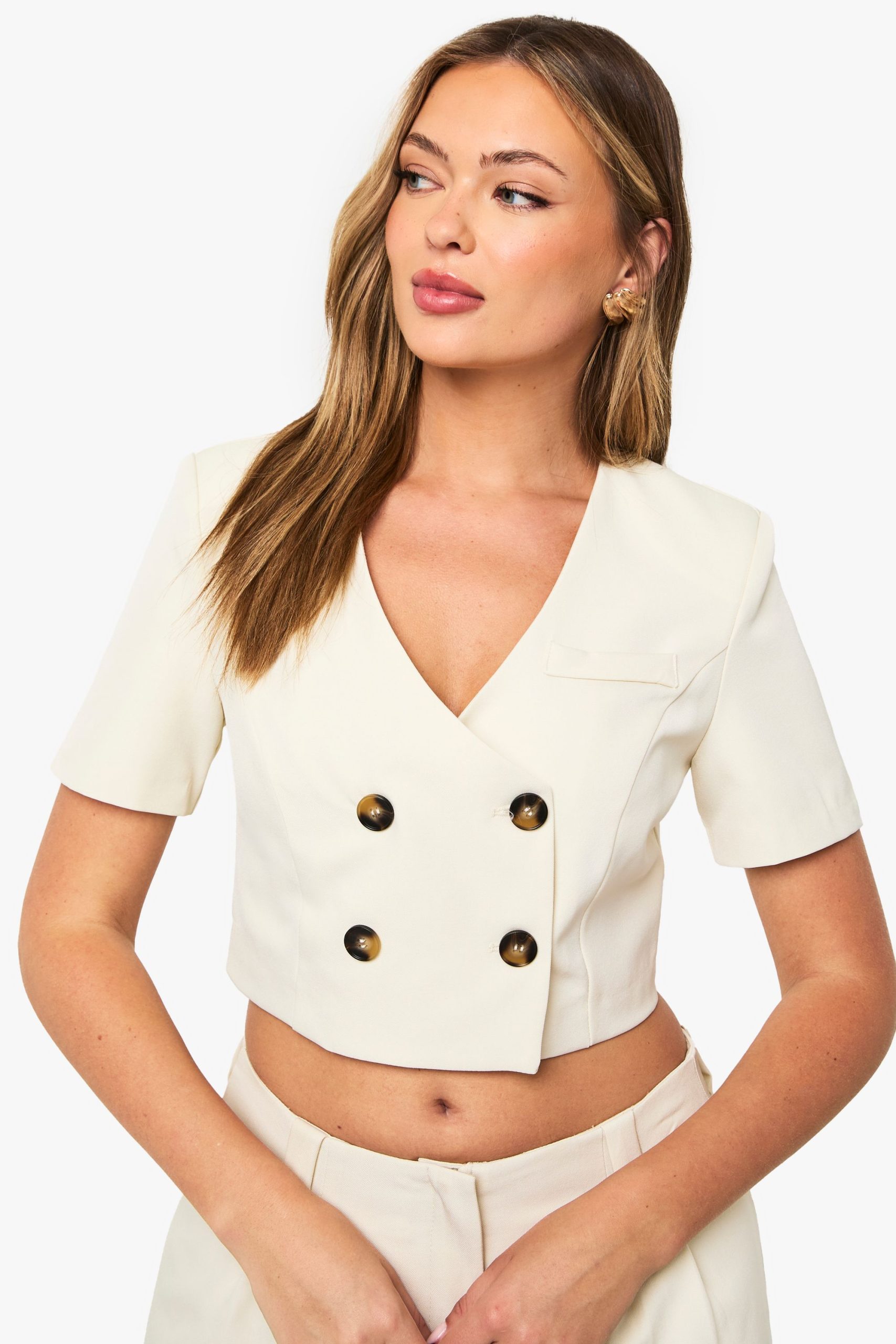 Contrast Button Collarless Cropped Blazer