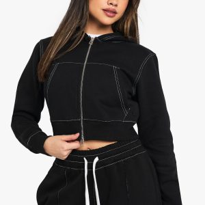 Contrast Stitch Shrunken Zip Through Hoodie