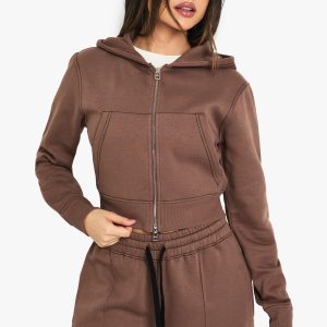 Contrast Stitch Shrunken Zip Through Hoodie