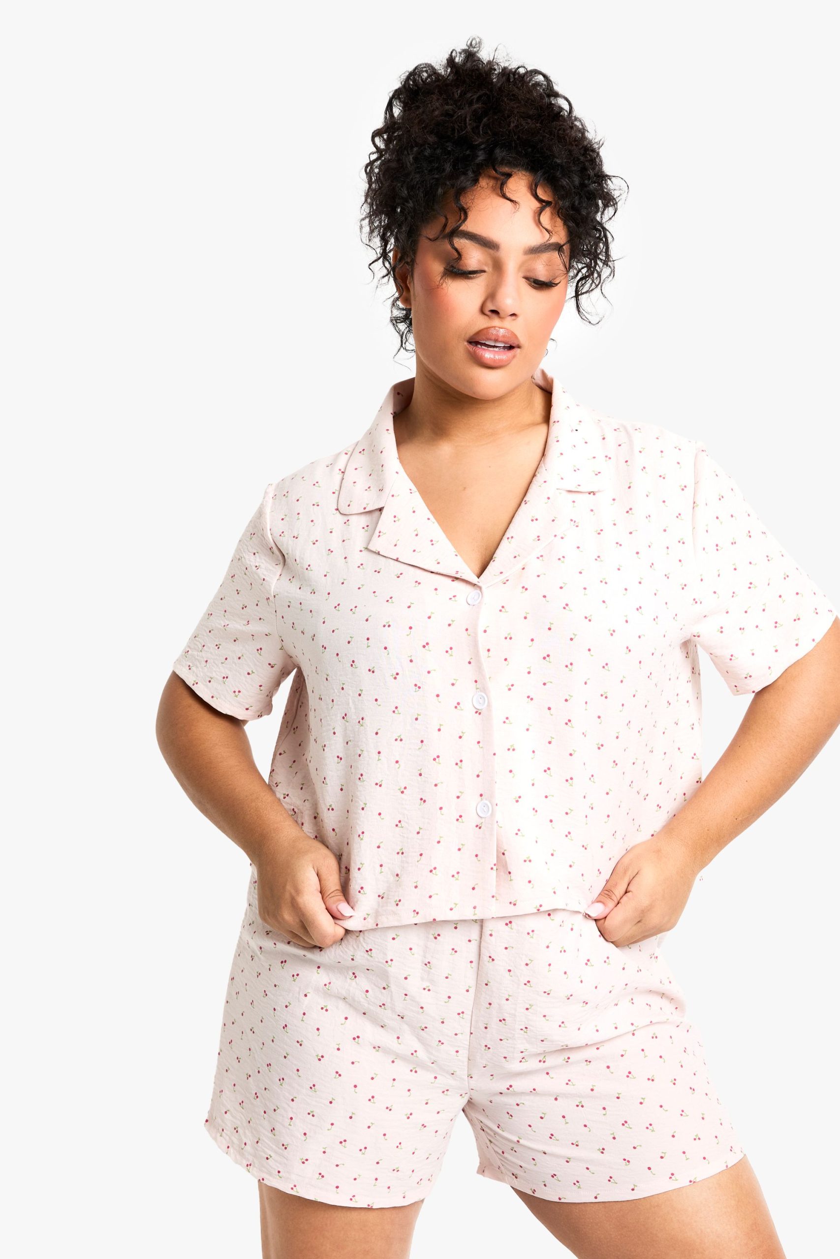 Plus Cherry Print Shirt & Short Pyjama Set