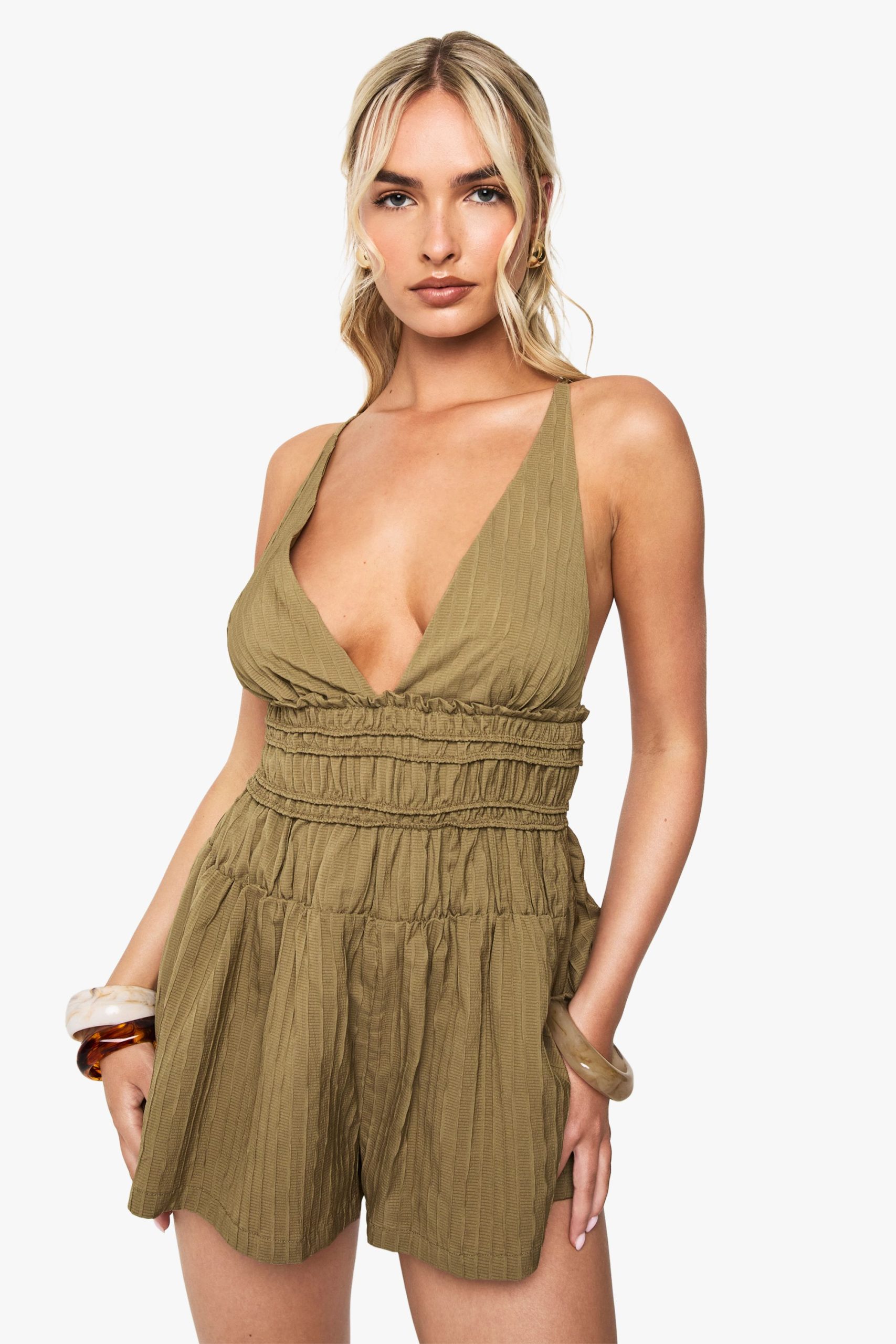 Textured Strappy Ruched Playsuit