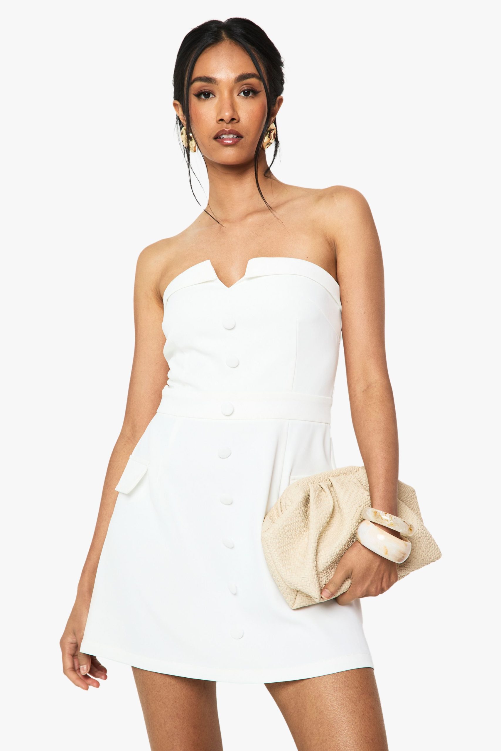 Button Front Bandeau Tailored Mini Dress