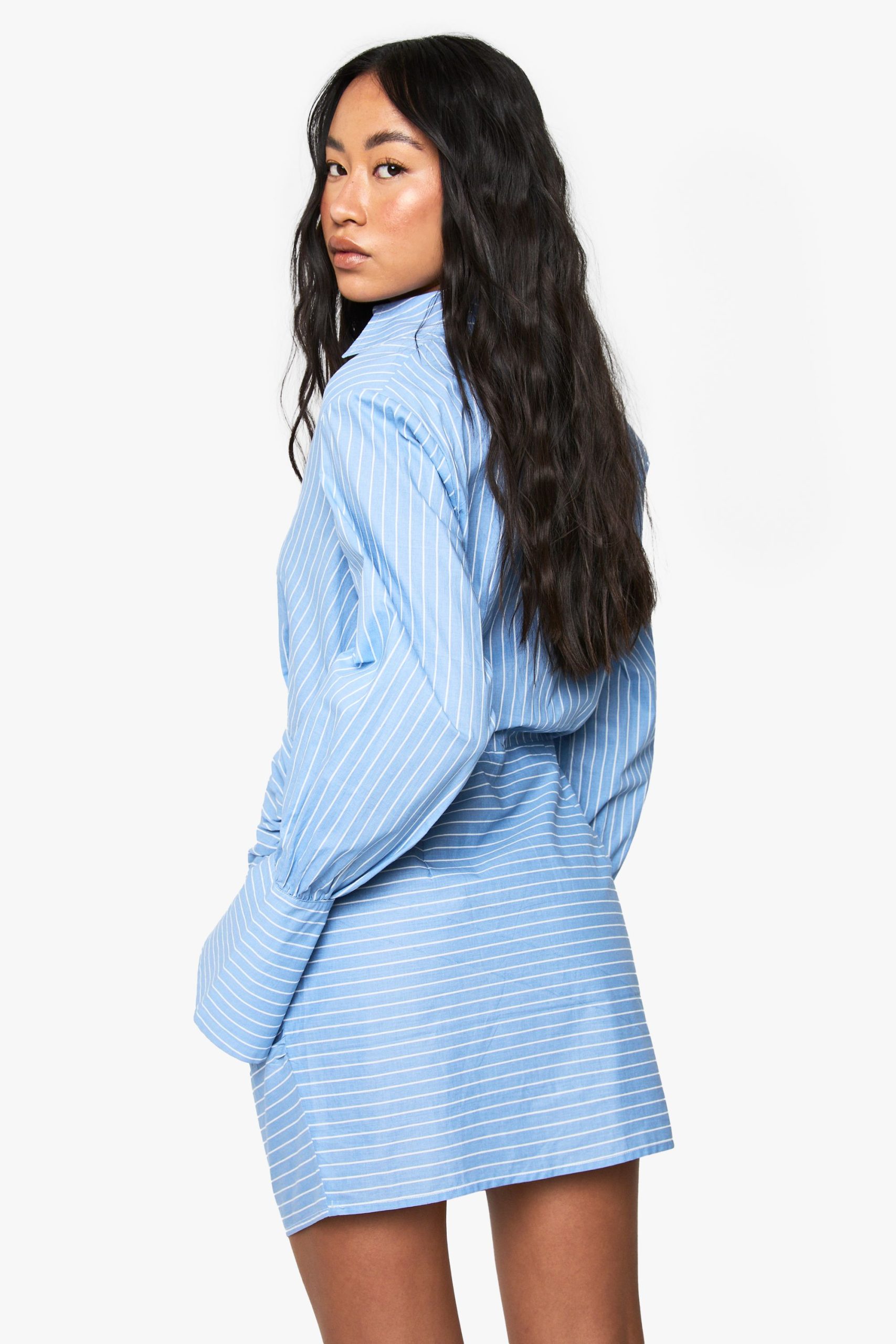 Stripe Ruched Flare Cuff Shirt Dress - Image 2