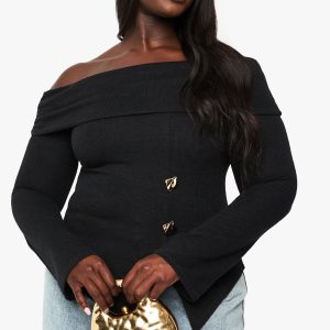 Plus Knitted Bardot Gold Trim Split Hem Top