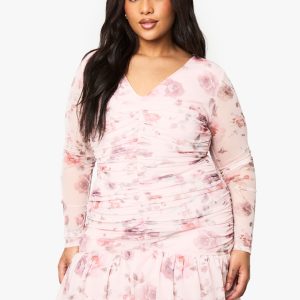 Plus Floral Mesh Ruched Frill Hem Mini Dress