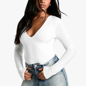 Double Layer Slinky Plunge Front Long Sleeve Bodysuit