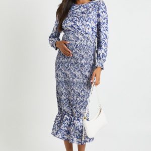 Maternity Floral Shirred Frill Hem Midi Dress
