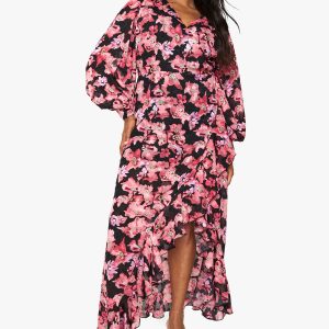 Plus Floral Ruffle Wrap Maxi Dress