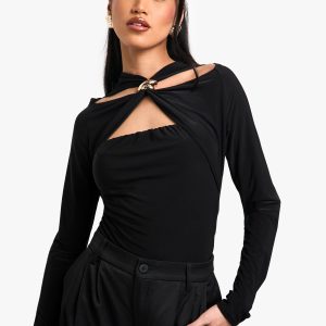 Double Layer Slinky Trim Detail Cut Out Bodysuit